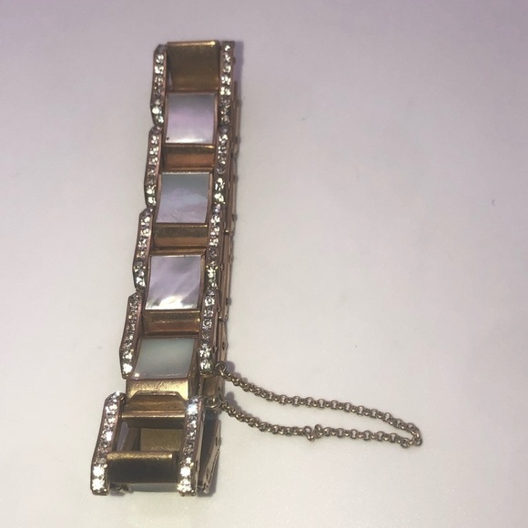 VTG Art Deco Rhinestone MOP Panel Gold /Brass Tone Bracelet w Safety Chain 6.5” - Picture 2 of 10